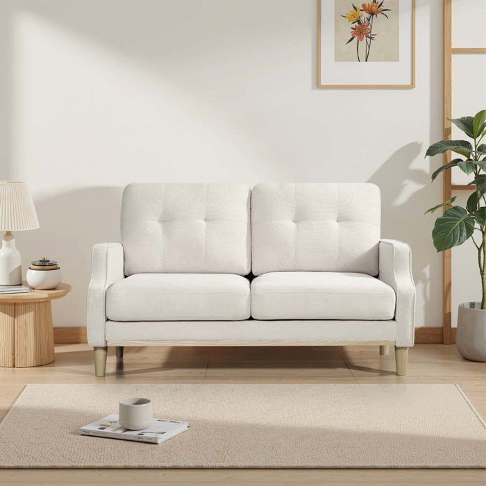 Canapé 2 places - Relaxation - Port USB - Pieds en bois - Tissu beige capitonné