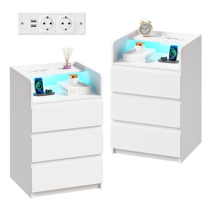 Lot de 2 Table de Chevet 40×35×68cm 3 Tiroirs 2 USB Ports et 2 Prises LED Réglable Moderne Scandinave Blanc