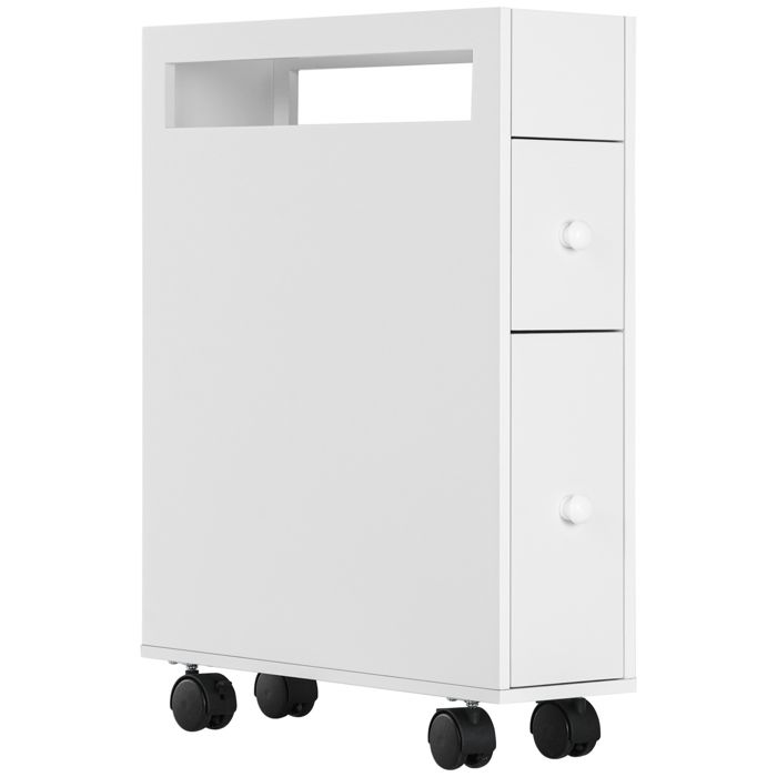 Armoire de salle de bain - 16x49 5x66 cm - Blanc - 2 tiroirs - Compartiment ouvert - Roulettes avec freins