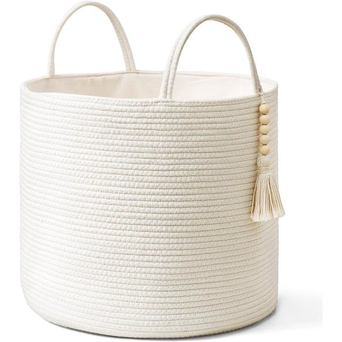 Panier de rangement tissé décoratif en corde naturelle avec poignées pour couvertures s 16 W × 13.8L Blanc BLAN DECORS DE TABLE