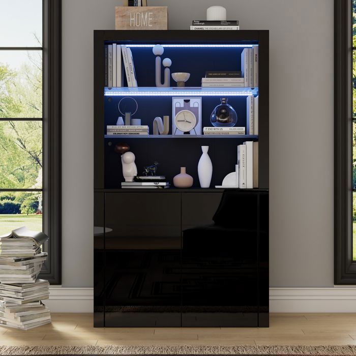 Vitrine de Salon - avec LED 100 x 35 x 170 cm - Buffet Haut - avec 2 Portes et Étagères en Verre - Noir Brillant Vitrine de Salon - avec LED 100 x 35 x 170 cm - Buffet Haut - avec 2 Portes et Étagères en Verre - Noir Brillant