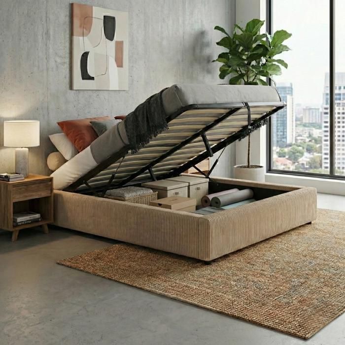 Sommier coffre - SAMPUR - Vegas - 200x200 cm - Velours côtelé beige - Coffre 900 L Sommier coffre - SAMPUR - Vegas - 200x200 cm - Velours côtelé beige - Coffre 900 L