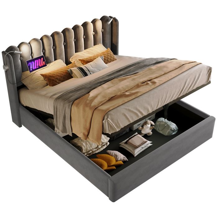 Polsterbett Doppelbett 160x200 avec Leselicht Ladefunktion et Stauraum Kopfteil en Samt Gris sans Matratze