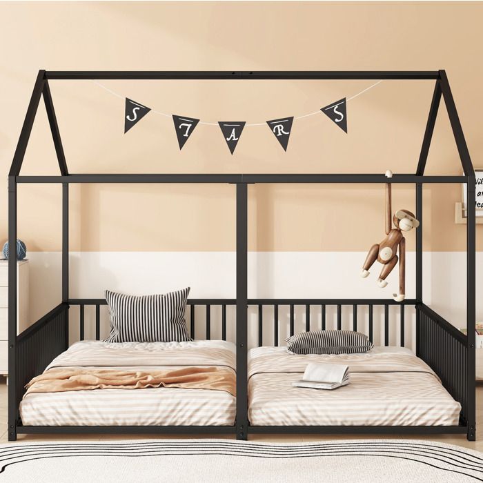 Lit cabane enfant double 90×200 cm et 90×200 cm avec barrières structure basse sans matelas métal noir - UVRION