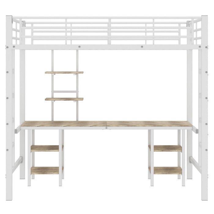 Lit superposé en métal blanc 90x200cm avec bureau et étagères pour enfants et adolescents avec barrière de sécurité