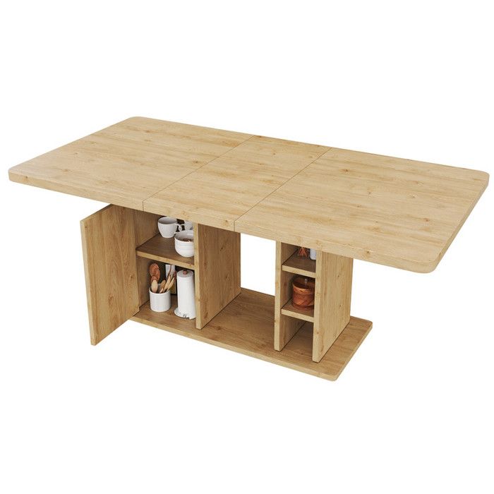 Table à manger extensible 140 - 180x80 cm style scandinave couleur chêneplateau épaissi avec rangement intégrépour 6 à 8 personnes