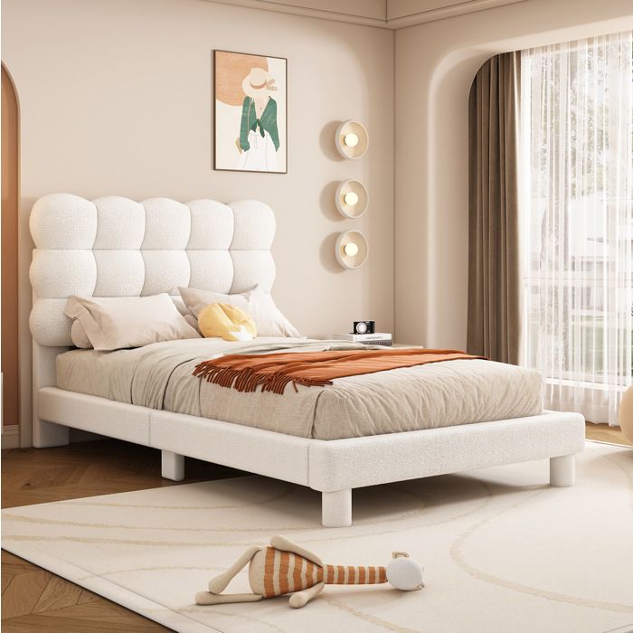 WOVREO lit simple rembourré 90x200 cm avec tête de lit réglable 3 positions blanc MDF et peluche