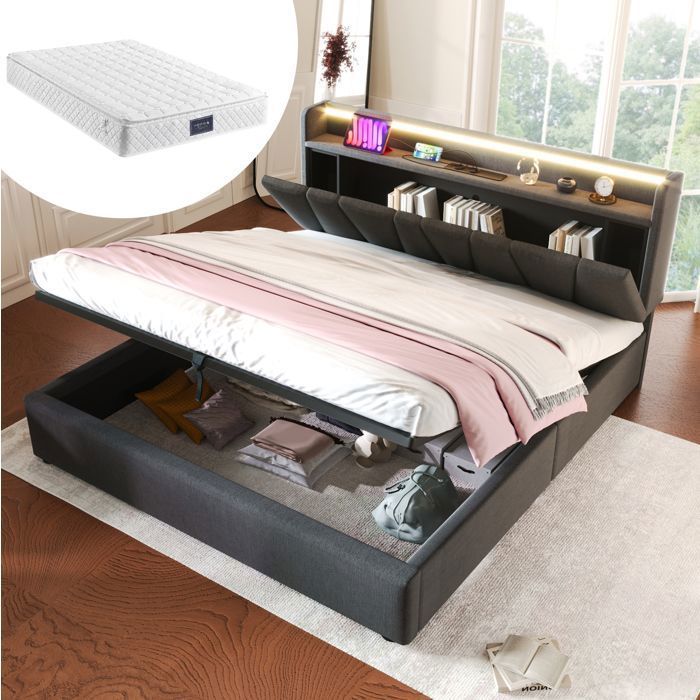 MEULVA Lit coffre 160 x 200 cm avec tête de lit de rangement LED prises USB Type-C en lin gris matelas inclus