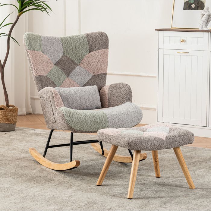 VEVXYN fauteuil bascule salon relax avec repose pieds bois d hévéa et tissu multicolore dossier haut 68 x 83 x 91 cm