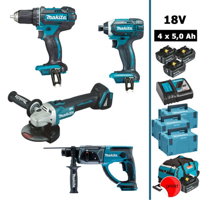 Pack 18V : DDF482 + DGA504 + DHR202 + DTD152 avec 3+1 batteries 5Ah + 3 Makpac + Sac offert MAKITA