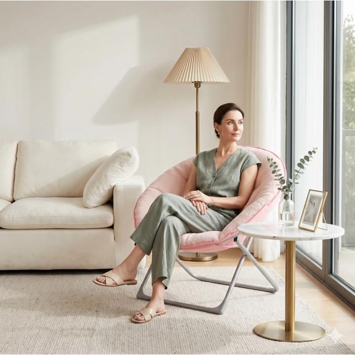 WUVRIE Fauteuil lune pliable rose tissu et métal assise moelleuse 58 x 53 x 85 cm