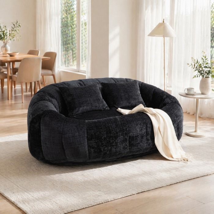 WUVRIE Canapé lounge compressé en chenille noire mousse à mémoire de forme avec accoudoirs 145 x 95 x 63 cm