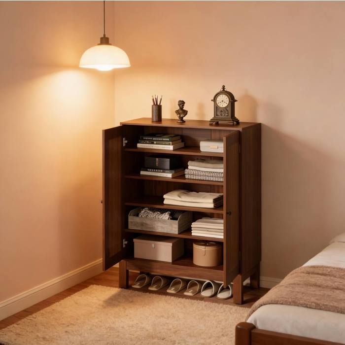 Meuble à chaussures AESVAR 4 étagères réglables MDF effet bois marron rustique 80 x 35 x 110 cm