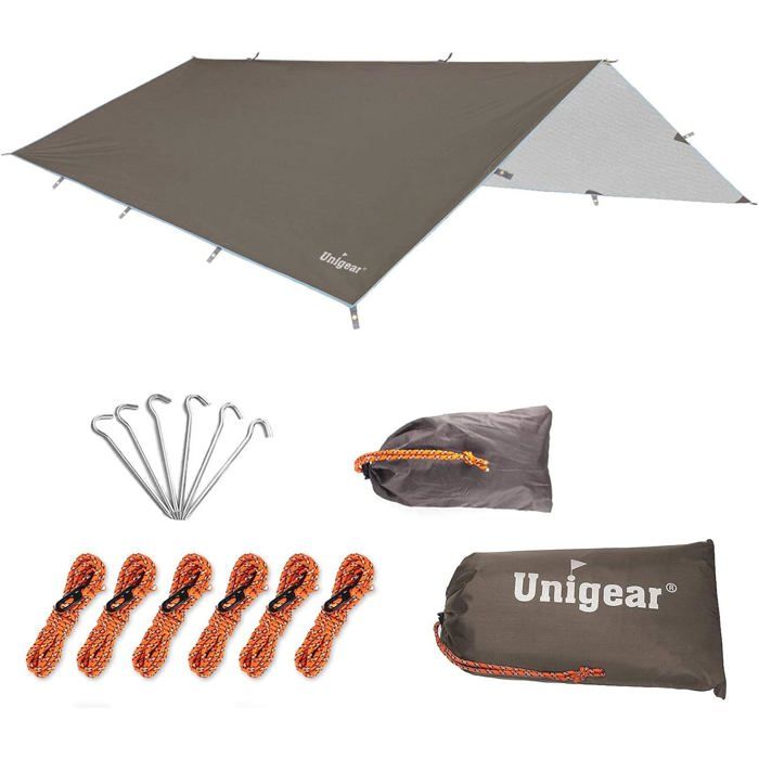 Tarp Bivouac Léger Imperméable avec Œillets pour Hamac et Camping Bâche de tente compacte protection pluie et soleil fournie