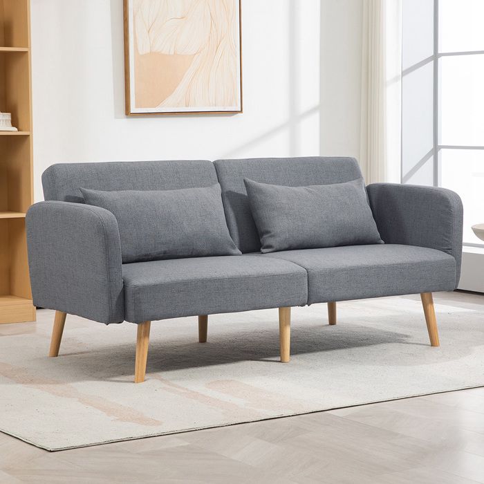 Canapé convertible 2 places - CRESTA - clic-clac - tissu effet lin gris - dossier inclinable - accoudoirs réglables Canapé convertible 2 places - CRESTA - clic-clac - tissu effet lin gris - dossier inclinable - accoudoirs réglables