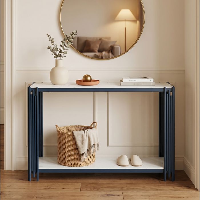 Console Table dentrée 2 étagères effet marbre blanc et métal noir - YEAVIO - Salon Chambre 123 5×33 5×80 cm