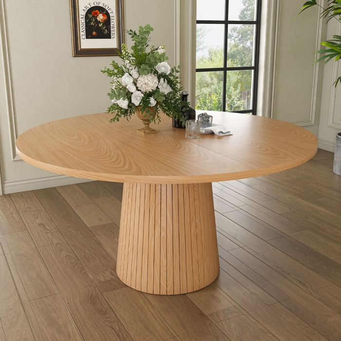 Table rond 110 cm chêne style campagne plateau MDF placage bois pied cylindrique métal table cuisine et salle à manger