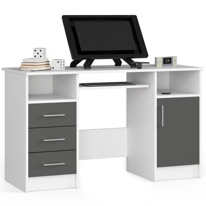 Bureau dordinateur AKORD ANA Blanc 124 cm 1 porte 3 tiroirs façade Gris Graphite 5 étagères 124x52x74 cm Bureau dordinateur AKORD ANA Blanc 124 cm 1 porte 3 tiroirs façade Gris Graphite 5 étagères 124x52x74 cm