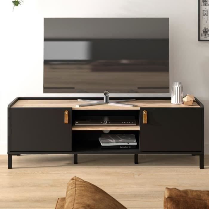 Meuble TV Gami - Style Industriel - Décor chêne noir - L 136 x P 40 x H 44 cm - Made in France - AMS