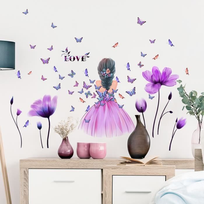 Acheter Autocollant mural tulipe petite fille papillon, décoration