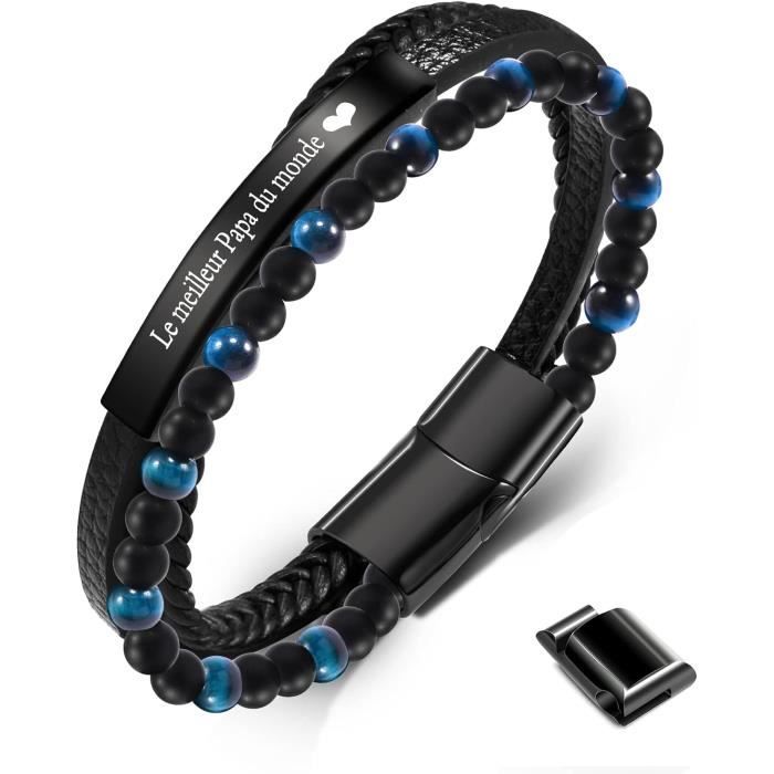 Bracelet Homme Cuir Et Perles Pierre Naturelle - Fermoir Magnétique - Cadeau Saint Valentin, Fête Des Pères
