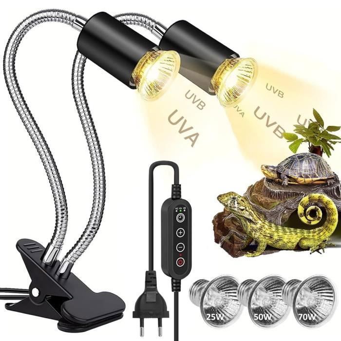 Meilleurs prix pour Lampe Chauffante Tortue à Deux Têtes,3 Ampoules UVA UVB 25W 50W et 70W,Base Longue 360°Rotation pour Reptiles et Amphibiens