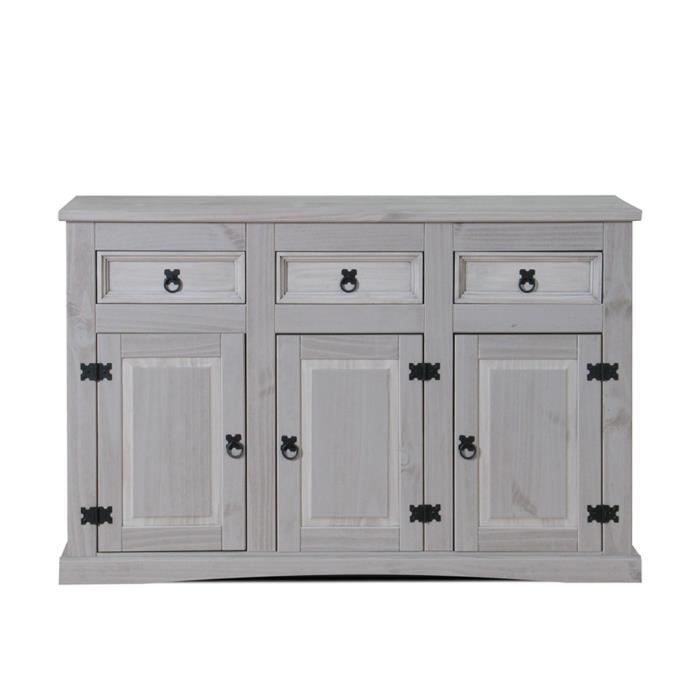 New Mexique Armoire largeur 132 cm hauteur 84 cm avec 3 tiroirs et 3 portes en gris.