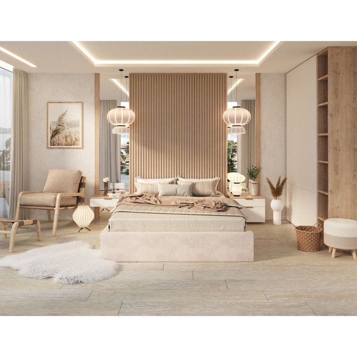 Lit coffre Orlane 160 x 200 cm avec sommier à lattes relevable Crème