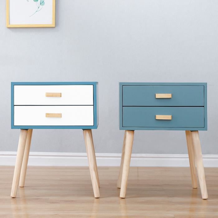 Luxs Lot De 2 Table De Chevet Design Pour Chambre Blanc Bleu En