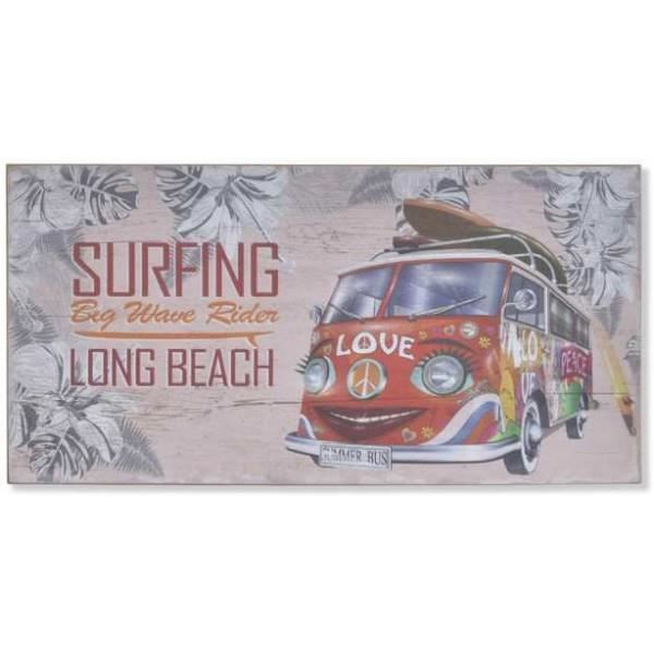 Tableau Bois Vintage Van VW Plage – Surf & Aventure – Décoration Murale Rétro 34,5 × 15 Cm