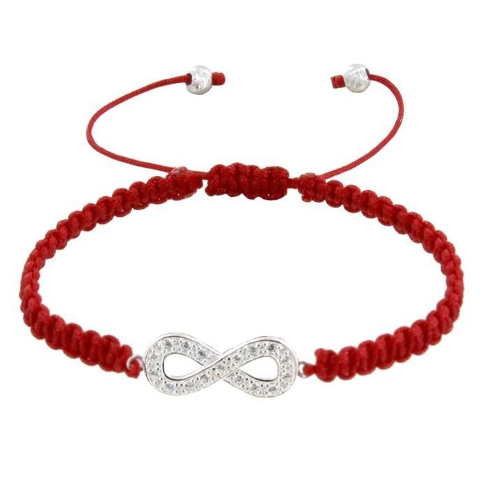 Bracelet Argent Infini et Strass Lien Tréssé Rouge