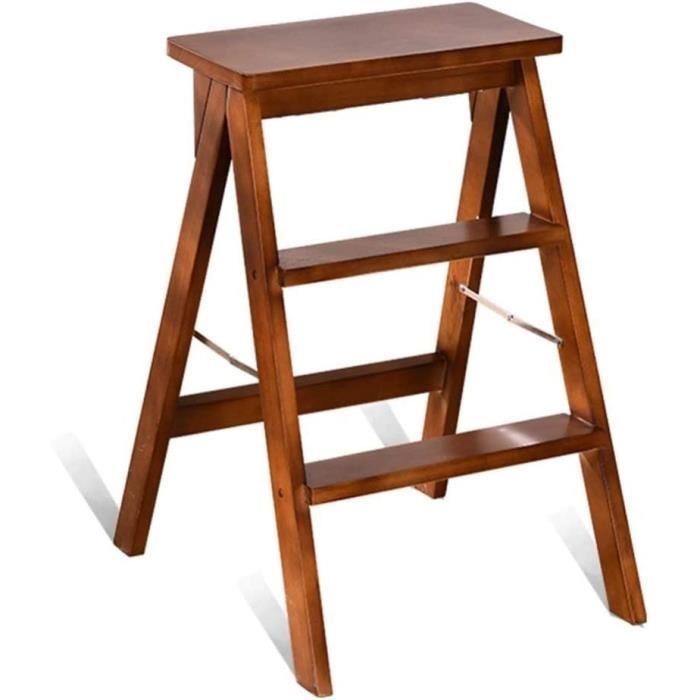 Escabeau Pliant 3 Marches En Bois Massif - Tabouret Multifonction 34x45x62 Cm - Pour Maison, Bureau, Bricolage - Marron Foncé