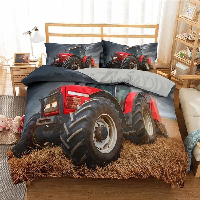 Housse de Couette Tracteur Rouge Parure de Lit 1 Personne avec