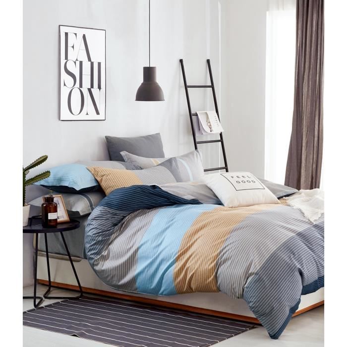Parure De Lit 90x190-200 3 Pièces 100% Coton 1 Taie d'oreiller 50x80 Drap Housse 90x200 cm Bleu Clair Drap Plat 1 Personne 160x280 cm 