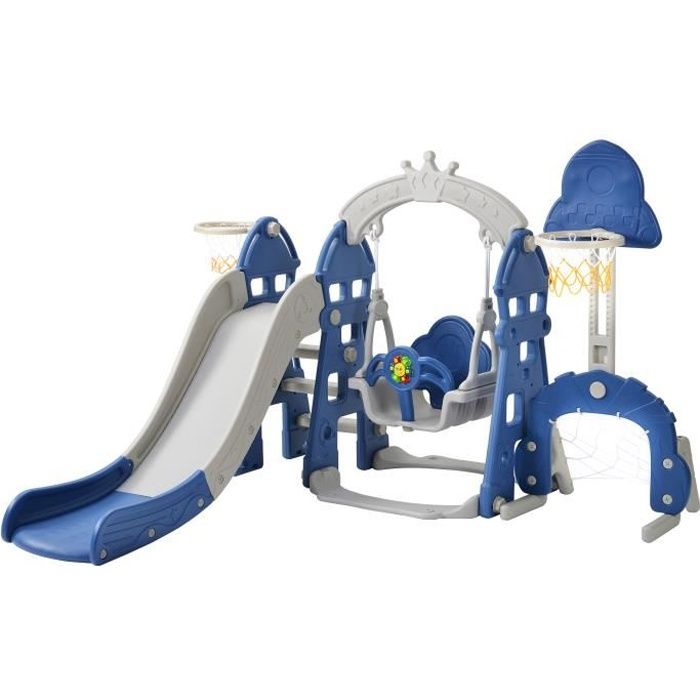 Toboggan enfant 5 en 1 Portique Balançoire Basketball Football Aire de jeux Extérieur Intérieur 2 à 6 ans, Bleu, 249 x 170 x 136 cm