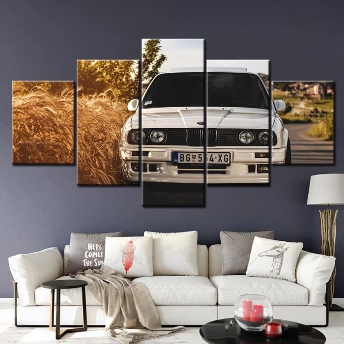 TCAR-157 Modulaire toile photos blanc BMW voiture coucher de soleil vue  décoration de la maison mur Art moderne impri(Sans cadre)