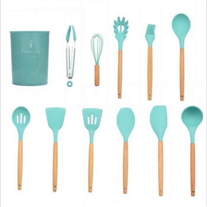 Lot De 4 Cuillères Cuisine Silicone Antiadhésives 21 Cm - Rose, Vert, Bleu, Macaron