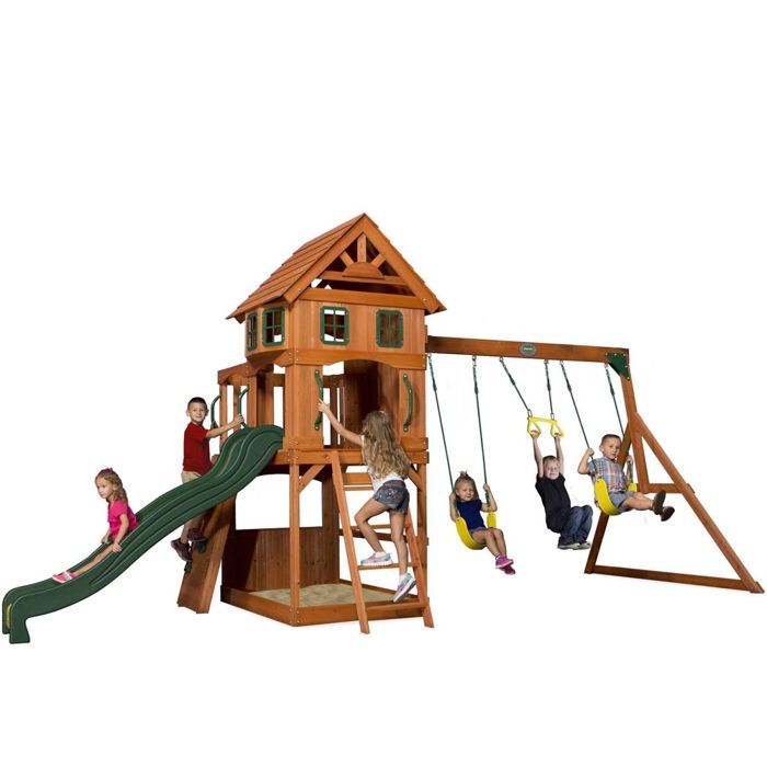 Backyard Discovery Atlantic aire de jeux en bois | Avec balançoire / toboggan / bac de sable / mur d’escalade