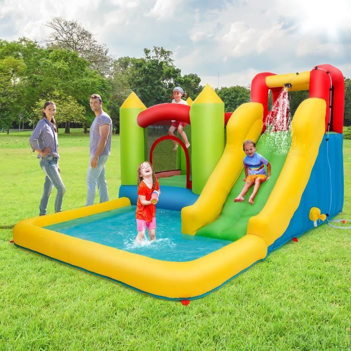 DREAMADE Château Gonflable Exterieur avec Toboggan et Piscine pour Enfant, Aire de Jeux Gonflable pour Enfant 3-10 Ans, Charge