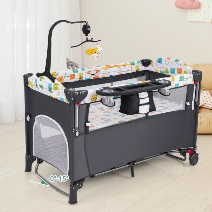 DREAMADE 5 en 1 Lit Parapluie Bébé Pliant avec Table à langer Matelas Hauteur Réglable Jouet Suspendu Boîte à Musique Gris
