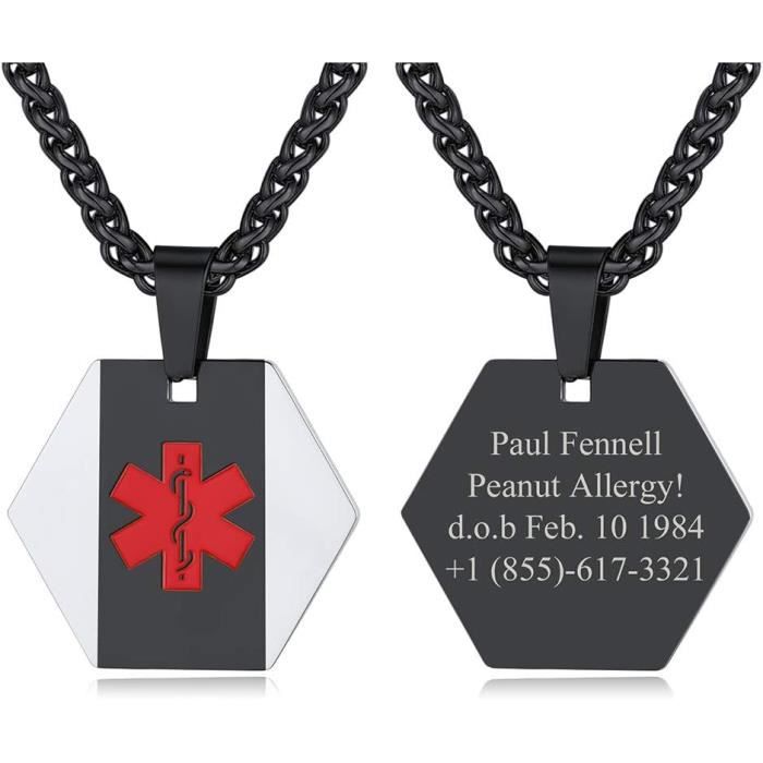 DaMei Collier Personnalisé Dog Tag Plaque Militaire avec Médicale ID pour Homme Femme Pendentif Acier Inoxydable avec Prenom Gravure Personnalisé avec Silicone Noir