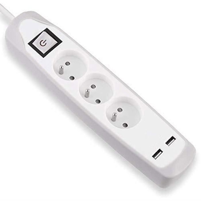 Electraline 35619 Ciabatta elettrica con 5 prese e 2 USB e interruttore soffitto in silicone antiscivolo, grigio, 2 m