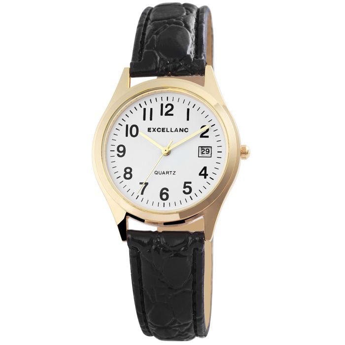Montre femme - EXCELLANC - Nadira - Boîtier 36 mm doré - Bracelet simili cuir noir - Mouvement quartz
