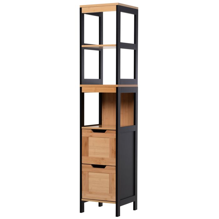 Meuble colonne salle de bain - HOMCOM - style cosy 3 étagères 2 tiroirs rangement gain de place - bambou - 30x30x144cm - noir