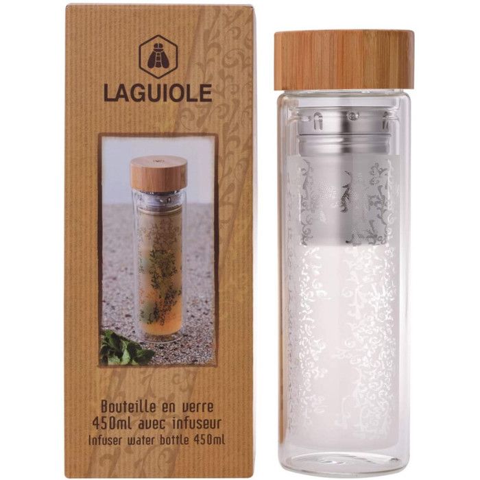 Suneky Bouteille Isotherme /à Infusion en Verre 500ml avec Infuseur /à Th/é Double Paroi sans Bpa Bambou Bouchon N/éopr/ène Housse