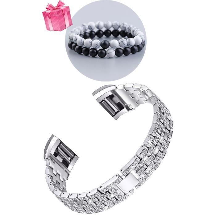 Bracelet de rechange en diamant compatible avec Fitbit Charge 3/Fitbit Charge 4 Bracelet métal réglable en acier inoxy avec strass
