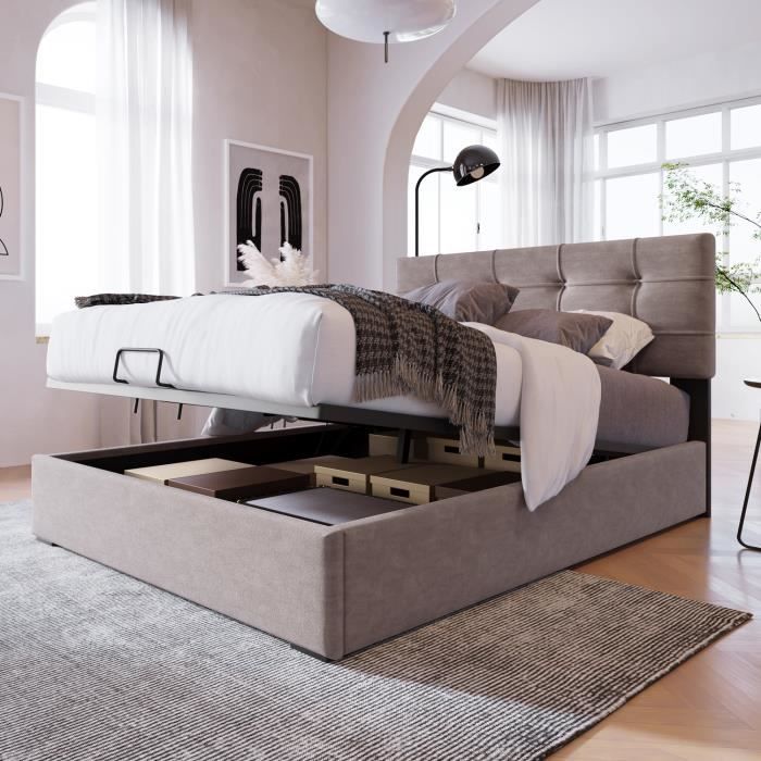 Lit coffre - MODERNLUXE - 90x200cm - Tête de lit réglable - Grand espace de rangement - Gris Lit coffre - MODERNLUXE - 90x200cm - Tête de lit réglable - Grand espace de rangement - Gris