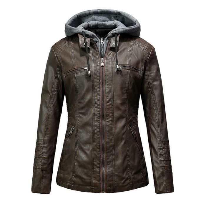 Blouson Femme en Cuir a Capuche Chaud OEIN Couleur Cafe Veste en Cuir PU