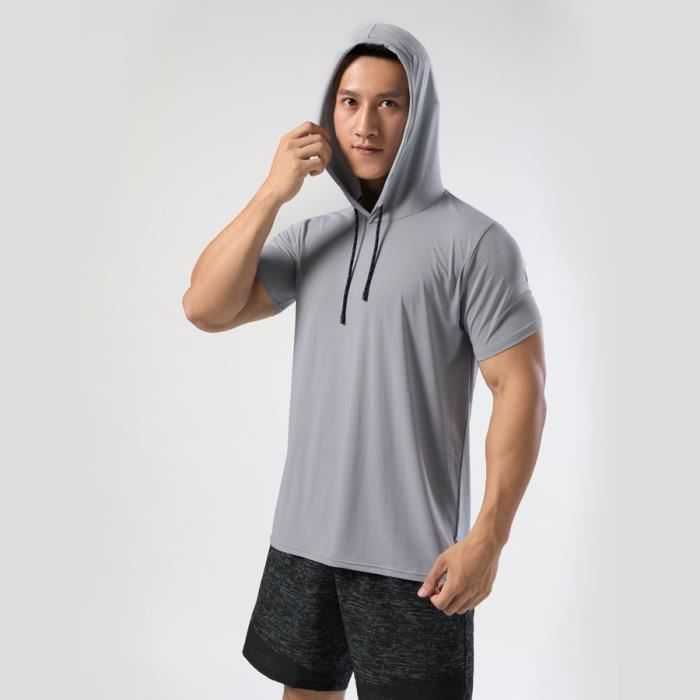 T Shirt de Sport Jogging Homme avec Capuche Leger Sechage Rapide Extensible Gris