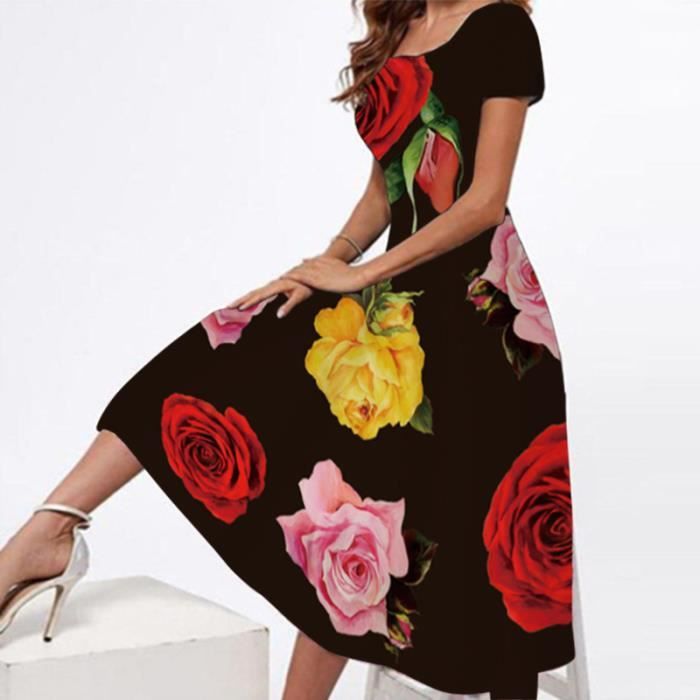 Robe été Femme Mi-longue En Coton/lin - Sans Manches, Col Rond, Poches - Style Décontracté Boho Plage
